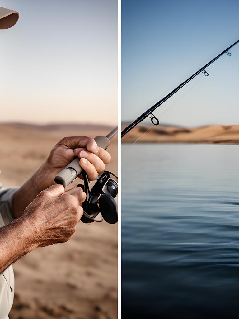 Senior angler holding an ergonomic fishing rod with an oversized cushioned grip beside calm desert water