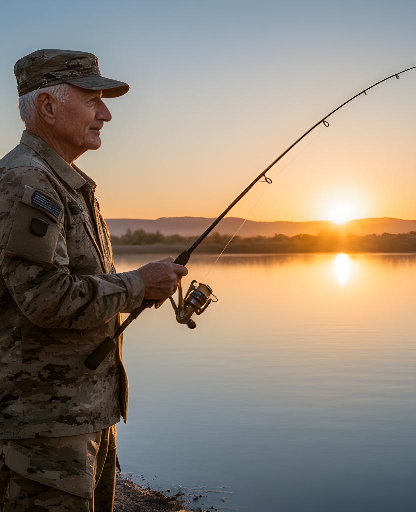 Retired military angler holding a fishing rod beside calm water at sunrise in Arizona